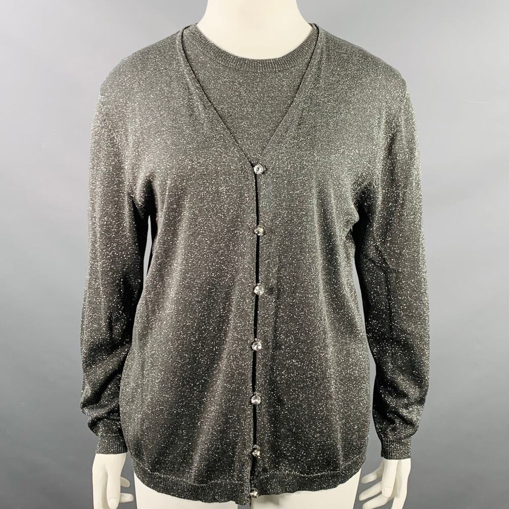 ADRIANNA PAPELL Size L Silver Grey Silk Blend 2 PC Cardigan Set